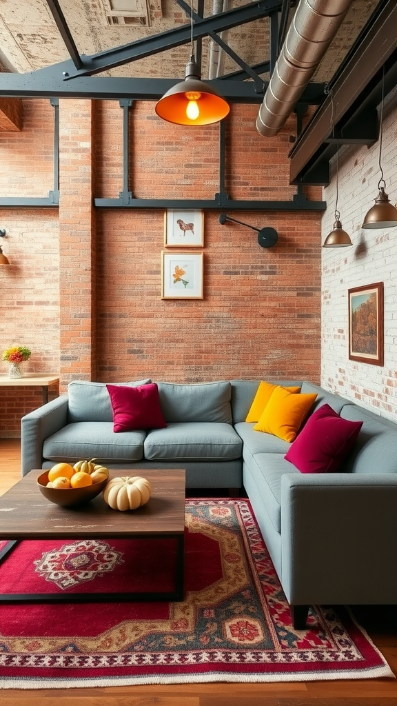 A cozy urban loft living room decorated for fall with a gray sectional sofa, colorful cushions, a wooden coffee table with fruits, and a decorative rug.