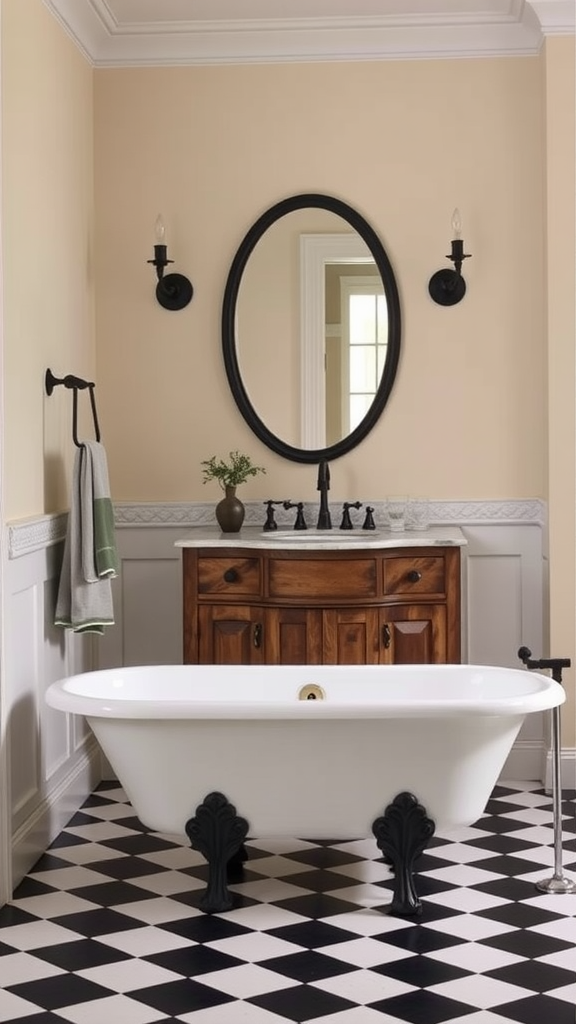 French country bathroom featuring a freestanding tub, wooden vanity, black and white checkered floor, and black accents.