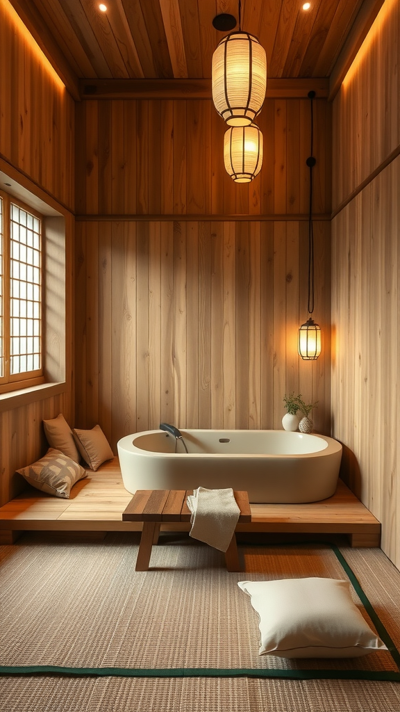 A serene Japanese bathroom featuring wooden walls, a freestanding bathtub, cushions, and traditional light fixtures.