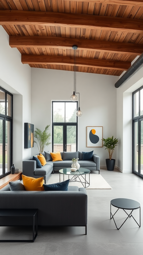 Modern living room with high wooden beams, large windows, a gray sofa with colorful cushions, and a glass coffee table.