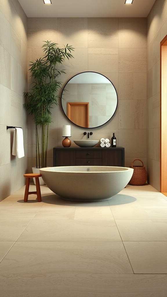 A serene Japandi-style bathroom featuring natural stone walls, a smooth stone bathtub, bamboo plant, and simple wooden accents.