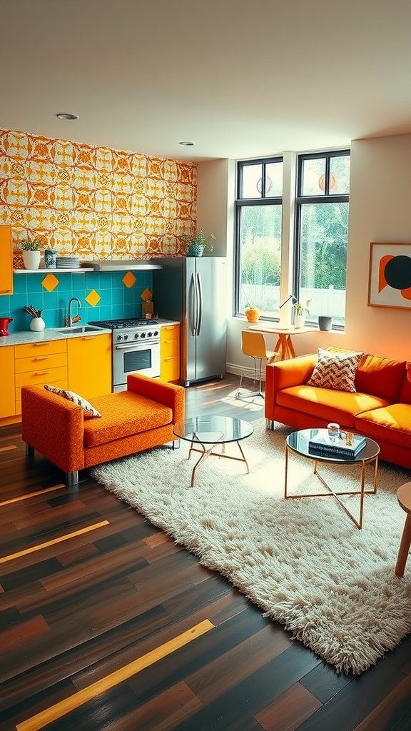 A retro 70s-inspired living room and kitchen combo featuring bright orange cabinets, cozy seating, and a playful tile backsplash.