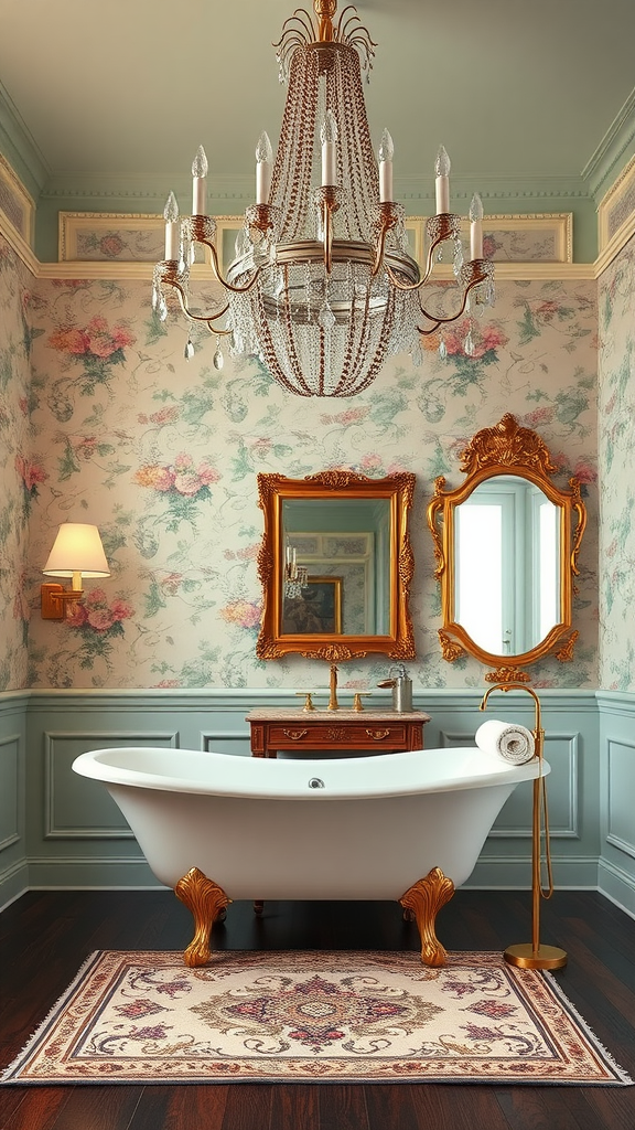 Victorian bathroom featuring a crystal chandelier, floral wallpaper, freestanding tub, and elegant decor.