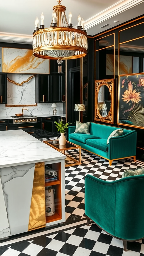 Art Deco style living room and kitchen with teal sofa, marble island, and gold accents