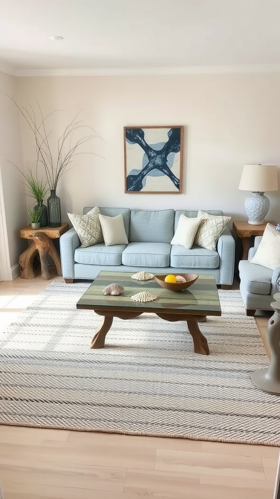 Coastal living room with a soothing blue sofa, wooden furniture, and decorative seashells.