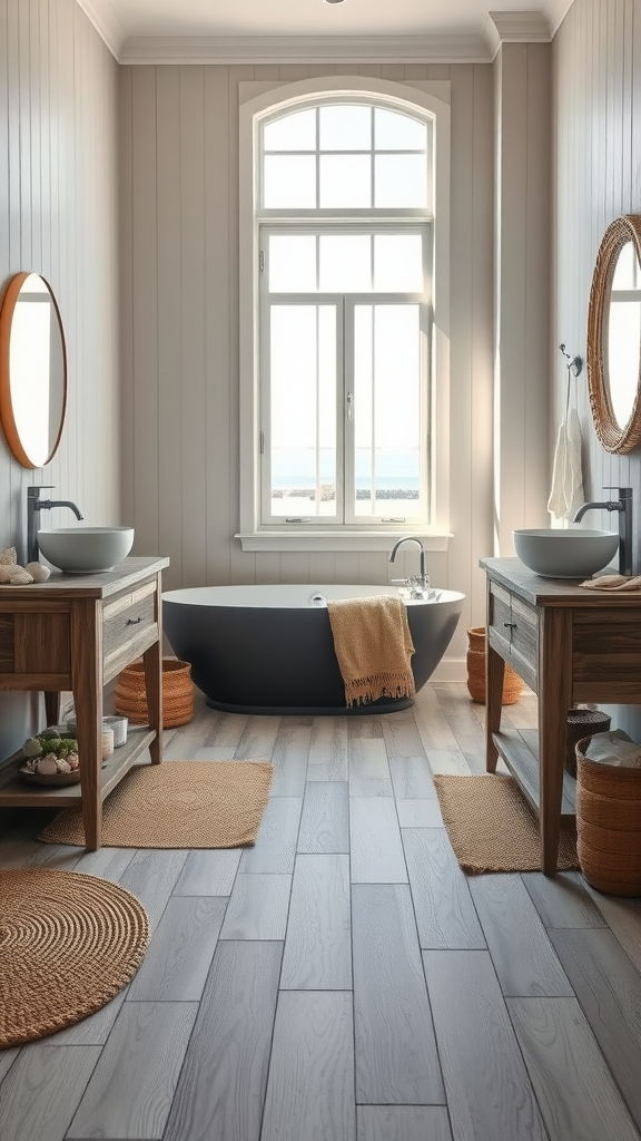 A bright coastal bathroom featuring wooden vanities, a freestanding tub, and natural elements.