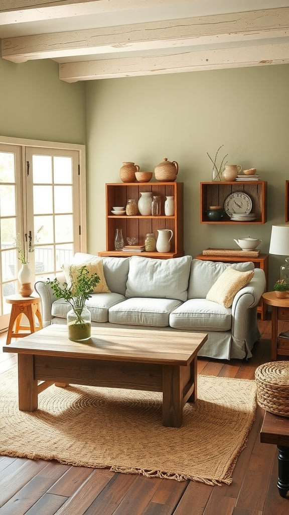 A cozy living room with a soft blue couch, wooden coffee table, and decorative pottery on shelves.