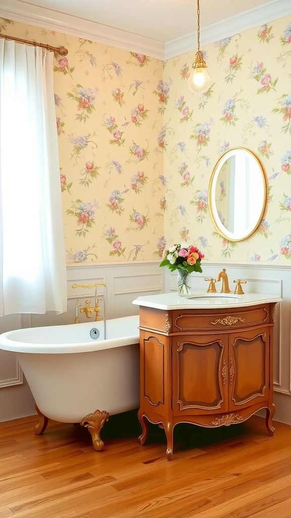 A cozy French country bathroom featuring floral wallpaper, a freestanding tub, and a wooden vanity.