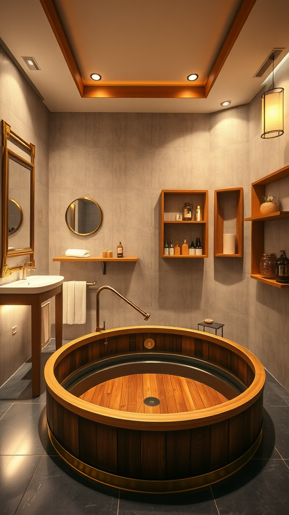 Luxury Japanese bathroom featuring a wooden circular tub and gold accents