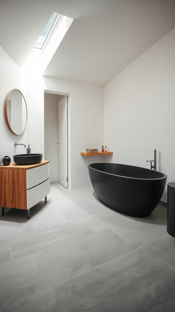 A modern Japandi bathroom featuring a black freestanding bathtub, a black sink, wood accents, and a skylight.