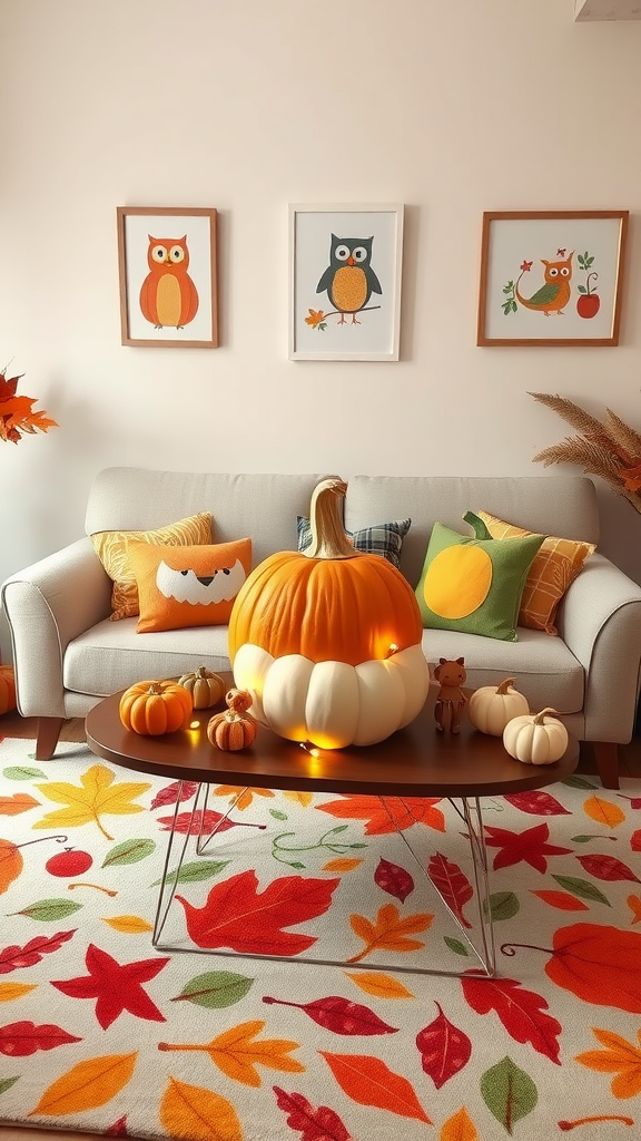 A cozy living room decorated with pumpkins, colorful pillows, and fall-themed artwork.