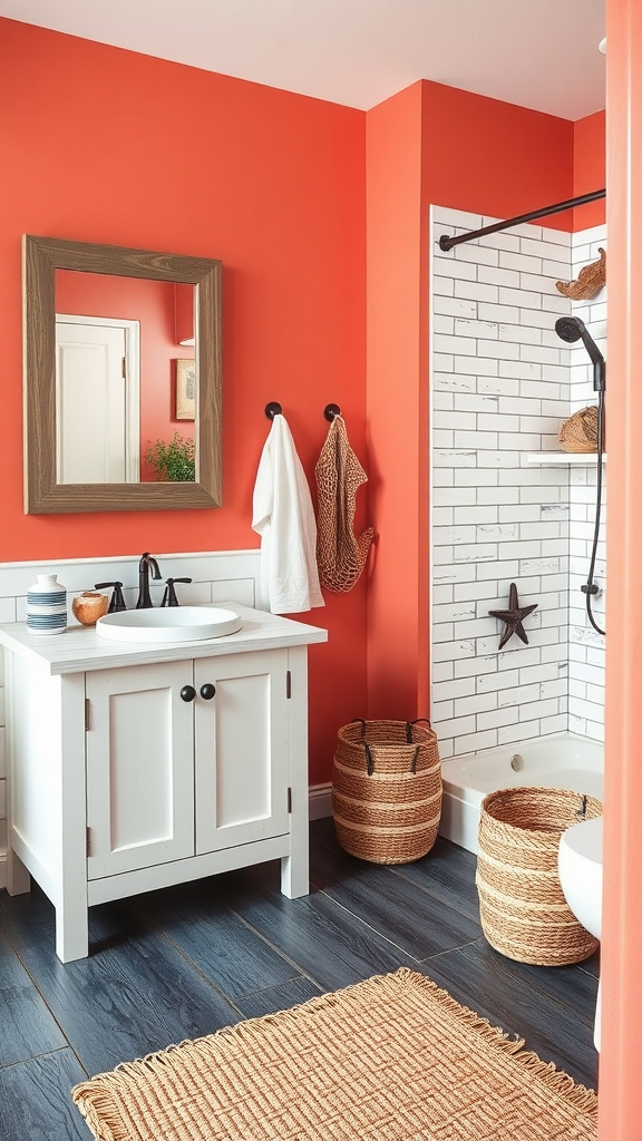 Coastal Beach Shack bathroom featuring coral walls, white vanity, and woven baskets.