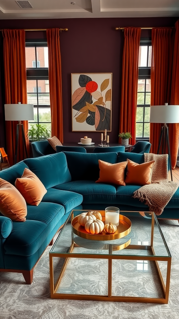 Luxurious fall living room with teal sofa, orange accents, and fall decor