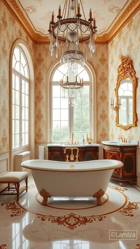 Luxurious French country bathroom with freestanding bathtub, chandelier, and ornate decor.