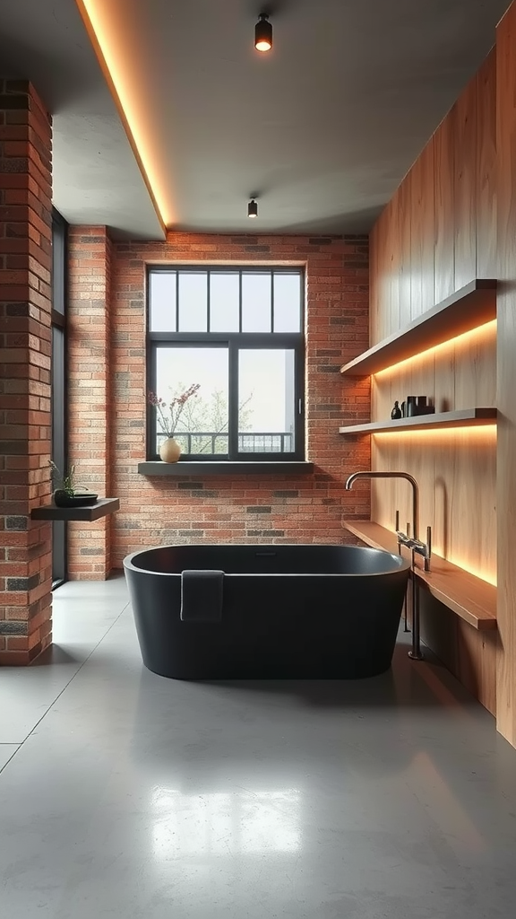 A modern bathroom featuring a black bathtub, brick walls, wooden shelves, and soft ambient lighting.