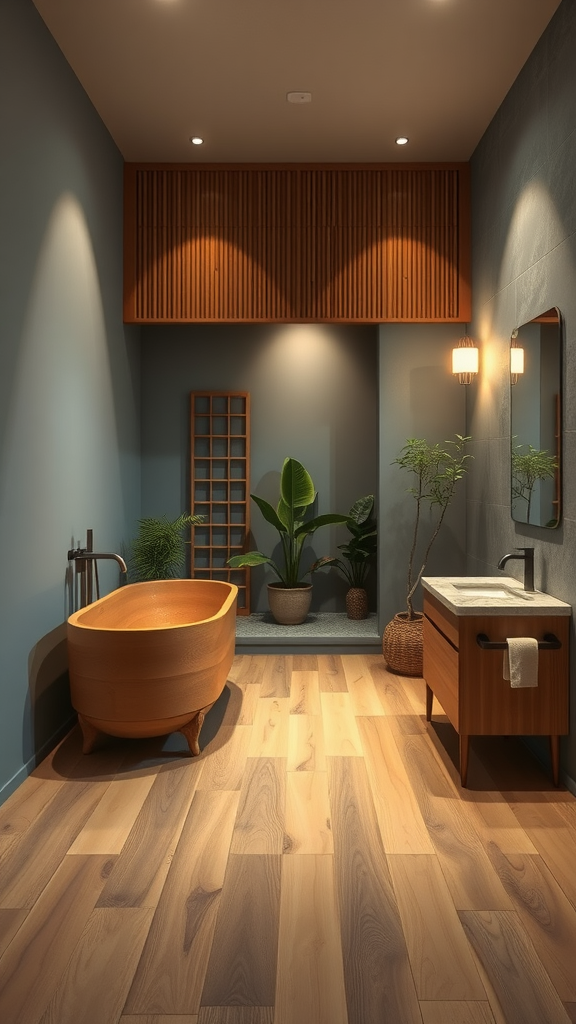 A serene bathroom inspired by Japanese tea gardens featuring a wooden bathtub, potted plants, and soft lighting.