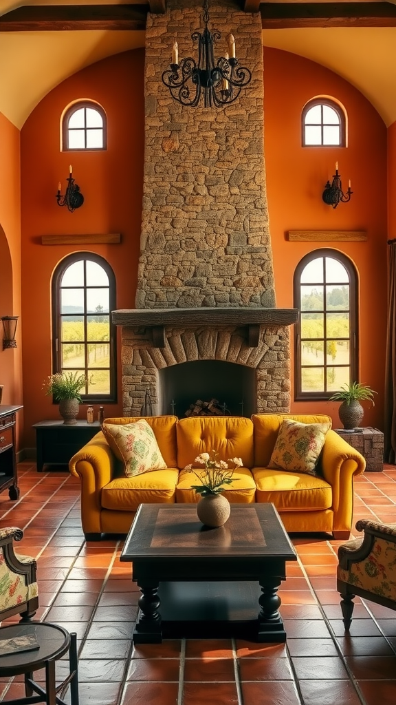 Cozy Tuscan-style living room with orange walls, stone fireplace, yellow sofa, and tiled floor.