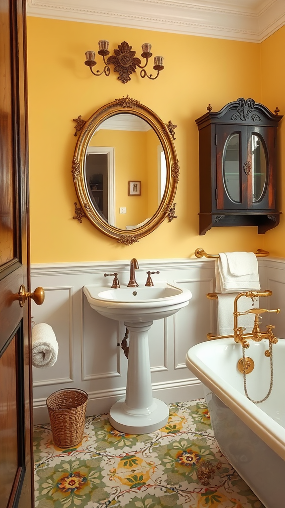 Victorian bathroom featuring an antique mirror, yellow walls, floral tiled floor, and vintage fixtures.