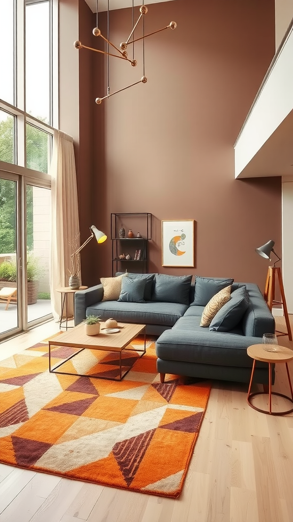 A contemporary living room featuring a brown wall, blue sectional sofa, and orange geometric rug.