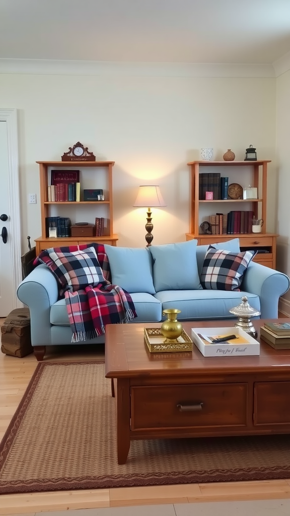 A cozy living room featuring a light blue sofa with plaid throw blankets, wooden shelves with books and decor, and a wooden coffee table.