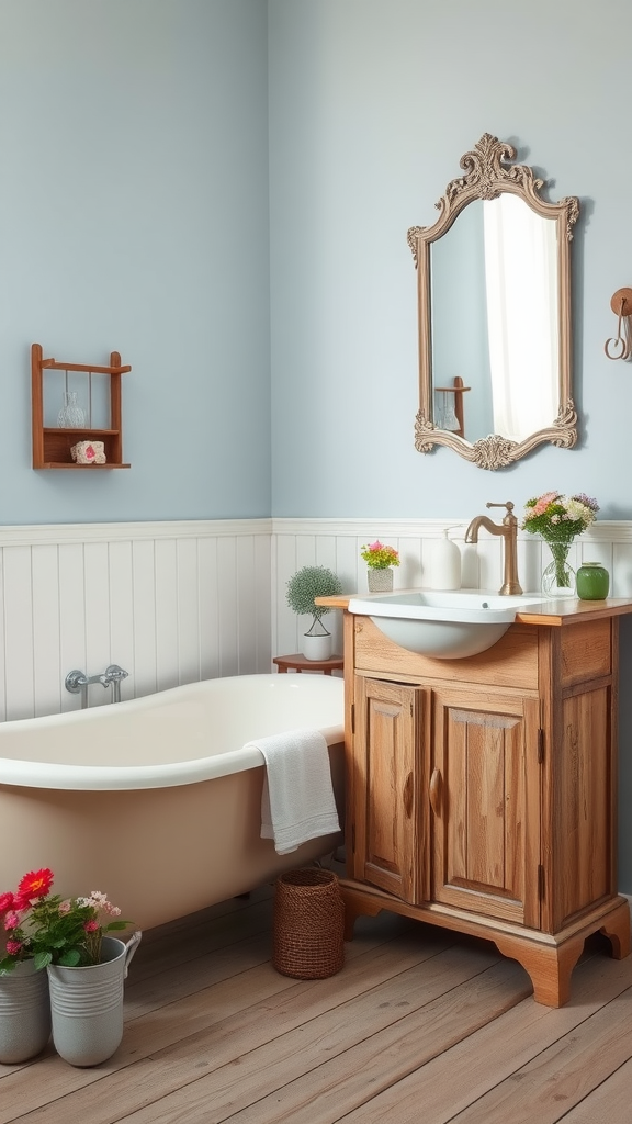 A cozy French cottage bathroom featuring a pastel blue wall, a wooden vanity, a bathtub, and potted flowers.
