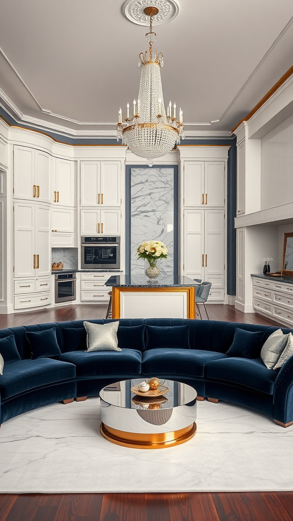 A glamorous living room and kitchen combo featuring a navy velvet sofa, a round gold-accented coffee table, and a stunning chandelier.