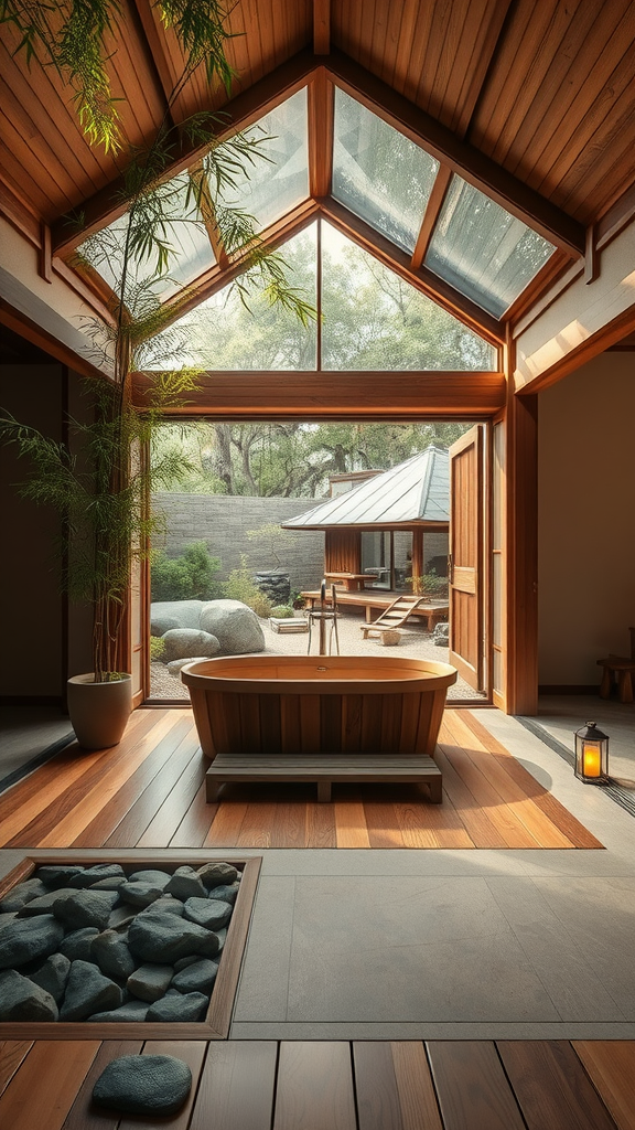 Open-air Japanese bathroom featuring a wooden bathtub, large glass windows, and a view of a serene garden.