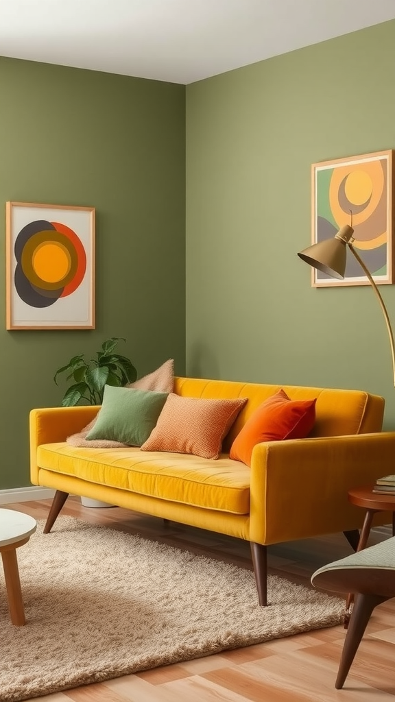 A stylish living room featuring a yellow couch, green walls, and retro artwork.