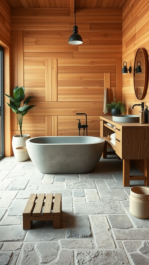 A modern bathroom featuring rustic wood walls, a stone floor, a freestanding tub, and minimalistic decor.