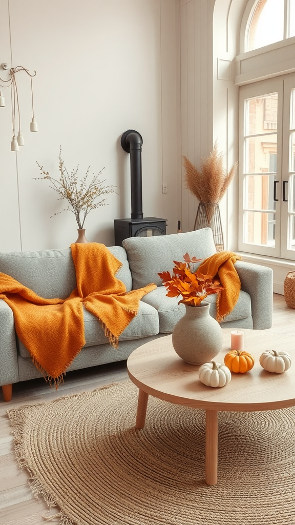 A cozy Scandinavian living room with a light sofa, orange throw blankets, a round wooden coffee table with pumpkins, and large windows.