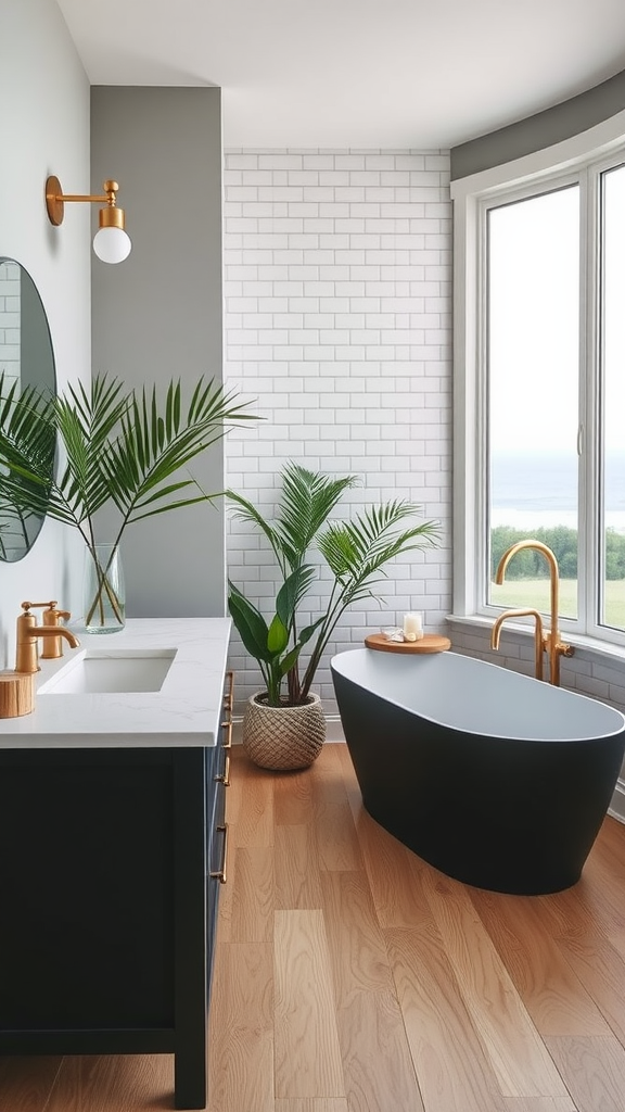 A modern coastal bathroom featuring a freestanding bathtub, plants, and large windows with ocean views.