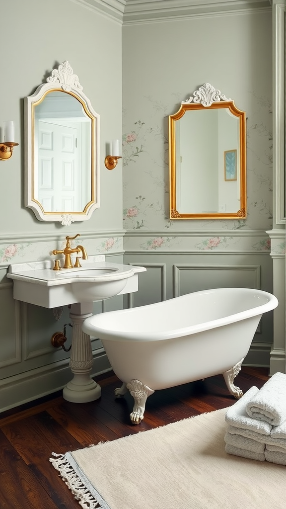 Victorian bathroom featuring a marble countertop pedestal sink, clawfoot bathtub, and elegant decor.