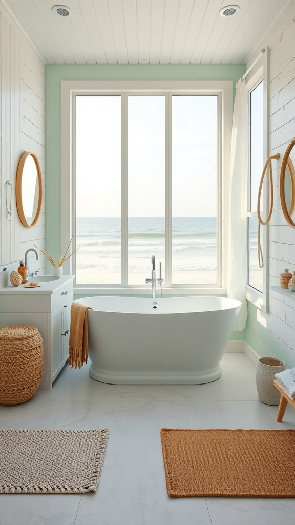 Coastal bathroom with large windows showing ocean view, freestanding tub, and natural decor.