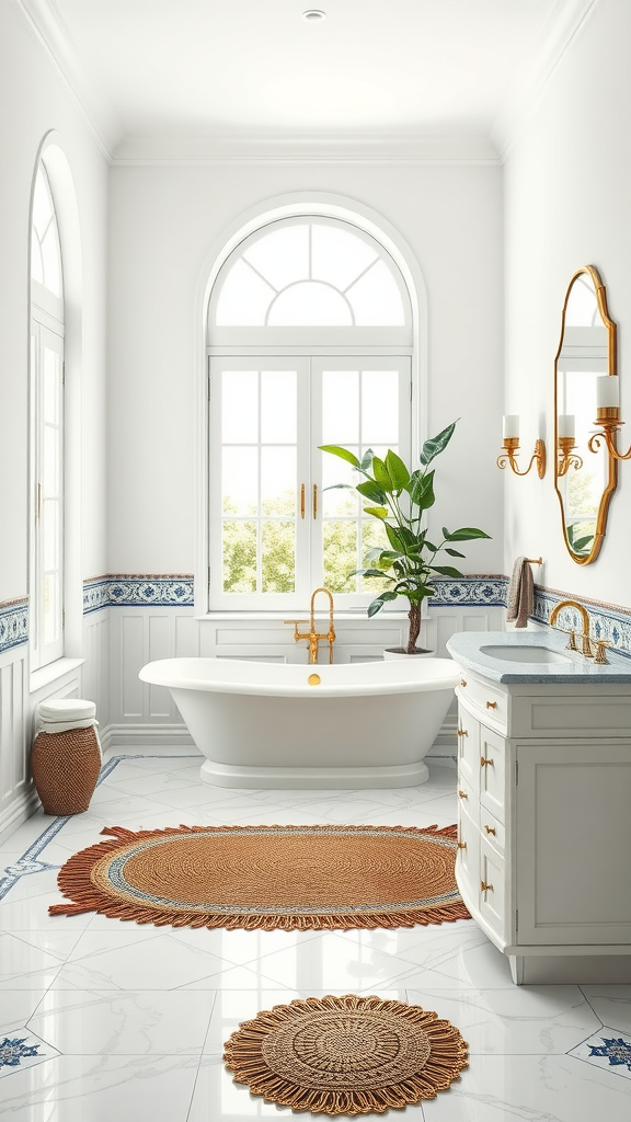 Mediterranean bathroom featuring a white color scheme, freestanding bathtub, greenery, and decorative rugs.