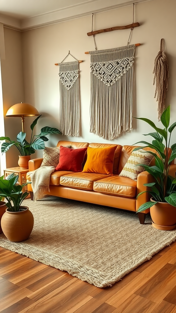 Cozy Bohemian living room with leather sofa, colorful cushions, macramé wall art, and potted plants.