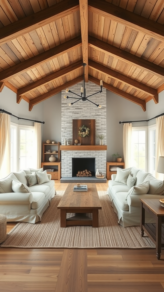 A cozy farmhouse living room featuring wooden beams, neutral sofas, a brick fireplace, and natural decor.