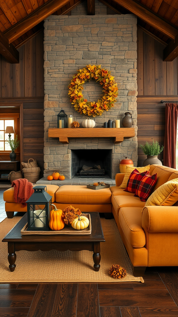 Cozy rustic living room decorated for autumn with orange sofa, stone fireplace, and pumpkins.