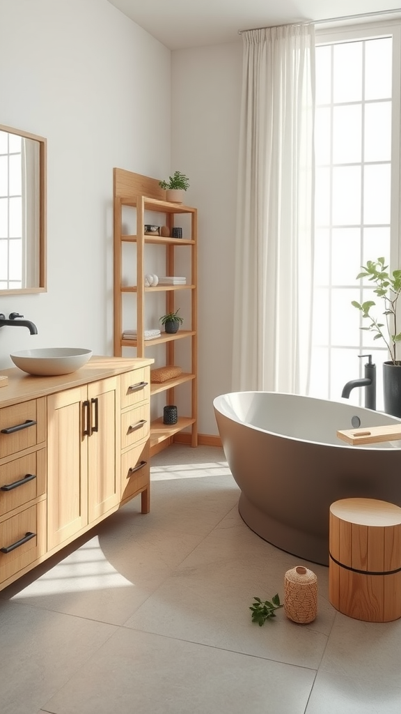 A stylish Japandi bathroom featuring a wooden vanity, a sleek bathtub, and natural light.