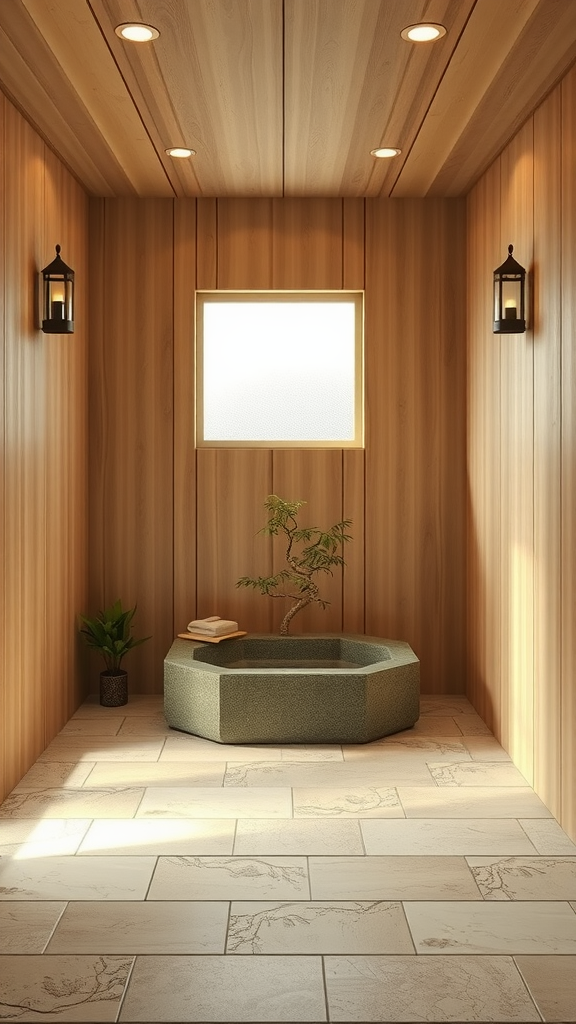 A traditional Zen bathroom featuring wooden walls, an octagonal tub, and decorative plants.