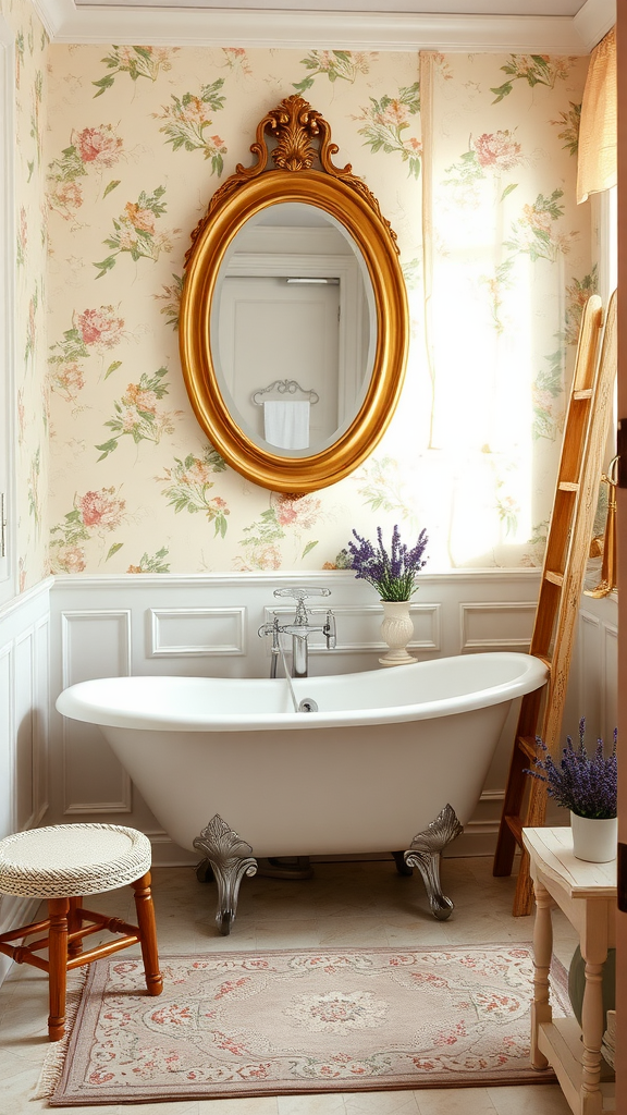 A vintage French bathroom featuring floral wallpaper, a freestanding bathtub, a large oval mirror, and lavender plants.