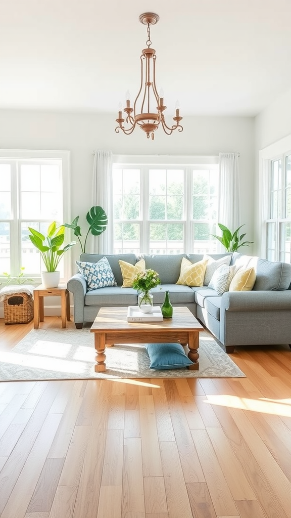 Bright country farmhouse living room with a gray couch, wooden table, and plants