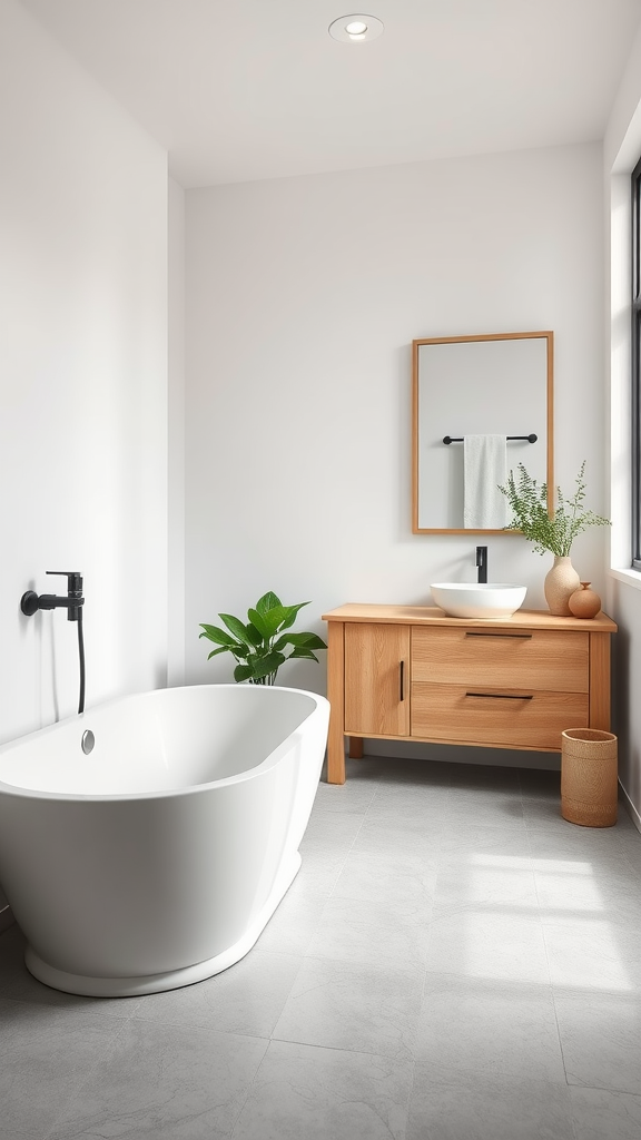 A modern bathroom featuring a white bathtub, grey tiles, and a wooden vanity with a sink.