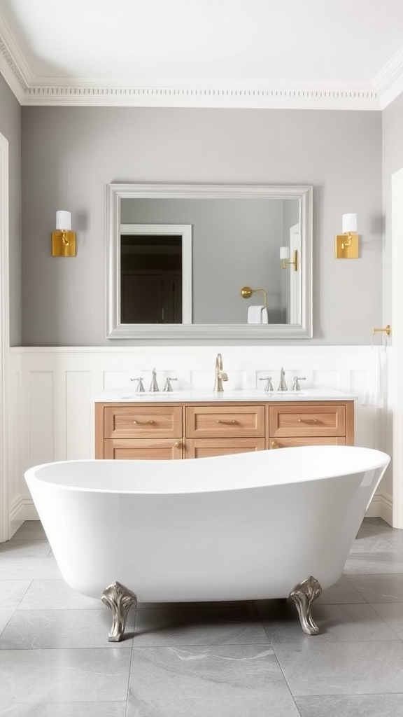 A stylish modern bathroom featuring a freestanding white bathtub, gray walls, and a wooden vanity with gold accents.