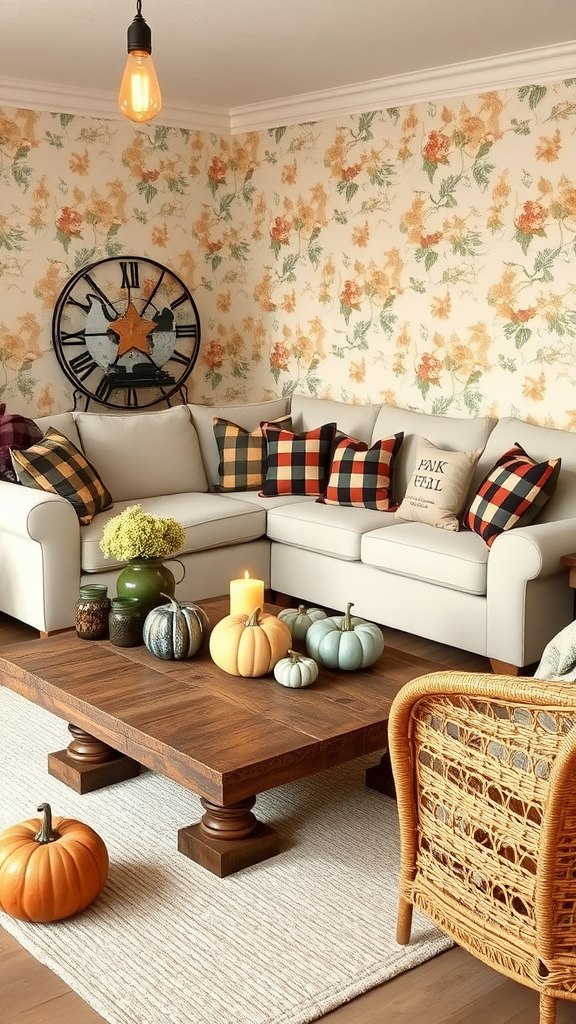 Cozy farmhouse living room decorated for fall with pumpkins and floral wallpaper.