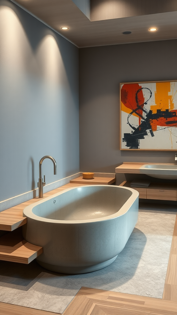 A modern Japanese bathroom featuring an oval tub, wooden accents, and abstract art on the wall.