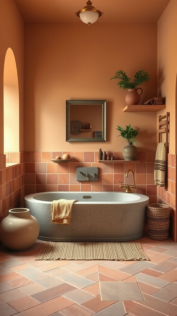 A Mediterranean bathroom featuring terracotta accents with a freestanding bathtub, warm wall colors, and natural decor elements.