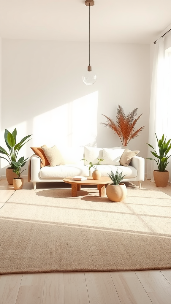 A bright and airy living room featuring a white sofa, wooden coffee table, and several indoor plants.