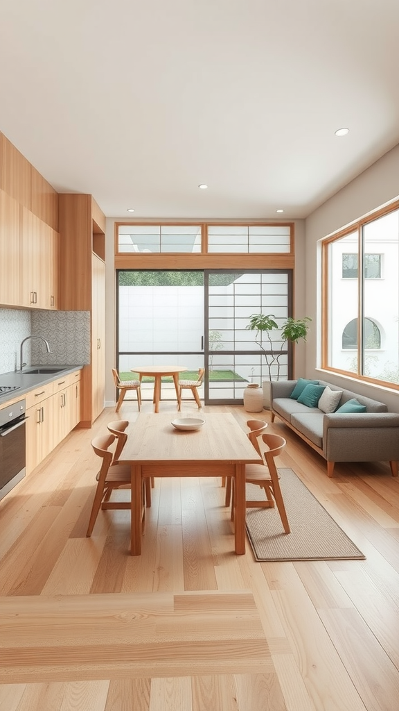 A Zen Japanese-inspired living room and kitchen combo featuring natural wood finishes, large windows, and a minimalist design.