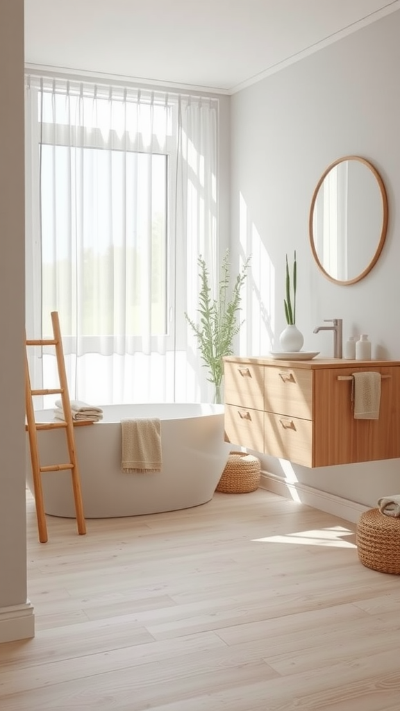 Light and airy Japandi-style bathroom with a freestanding tub and wooden accents.