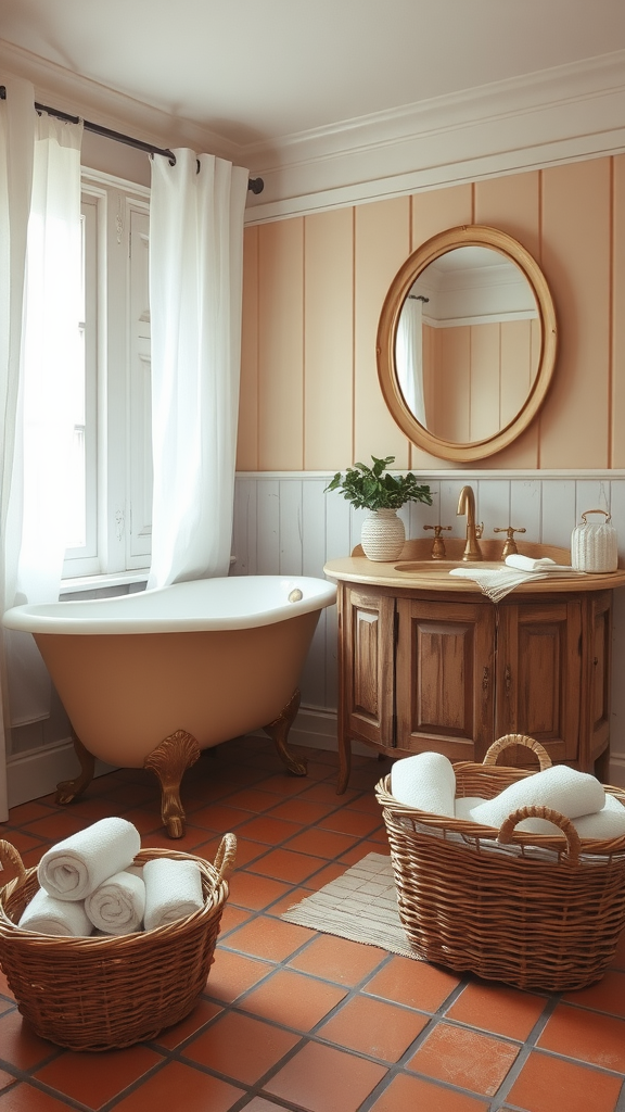 A rustic French country bathroom featuring a freestanding bathtub, wooden vanity, terracotta floor tiles, and natural light.